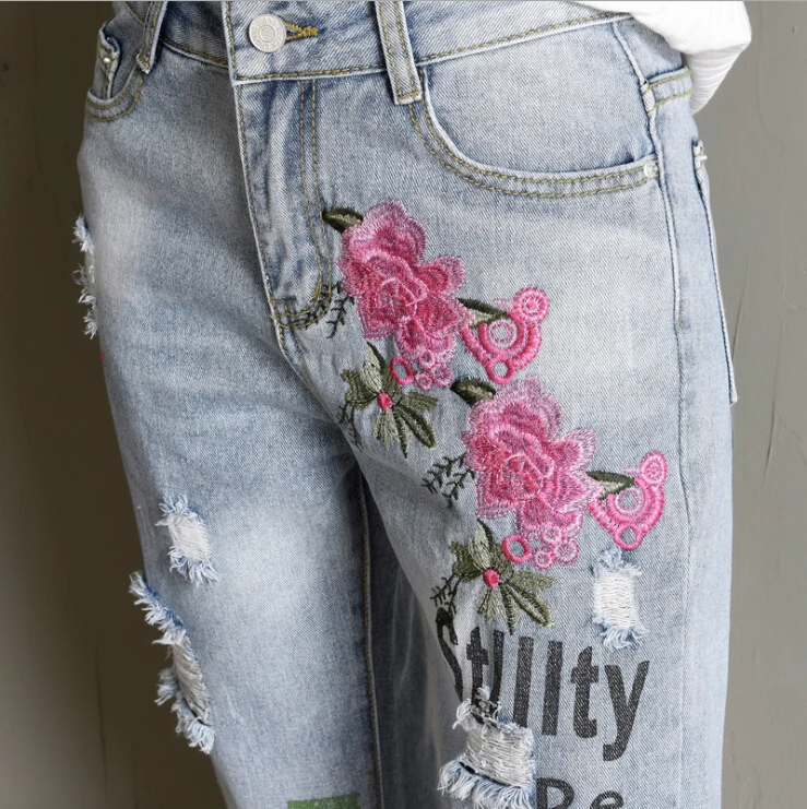 Женские джинсы с цветочной вышивкой, рваные джинсы бойфренда для женщин, Харадзюку, панталоны для женщин, Стрейчевые брюки