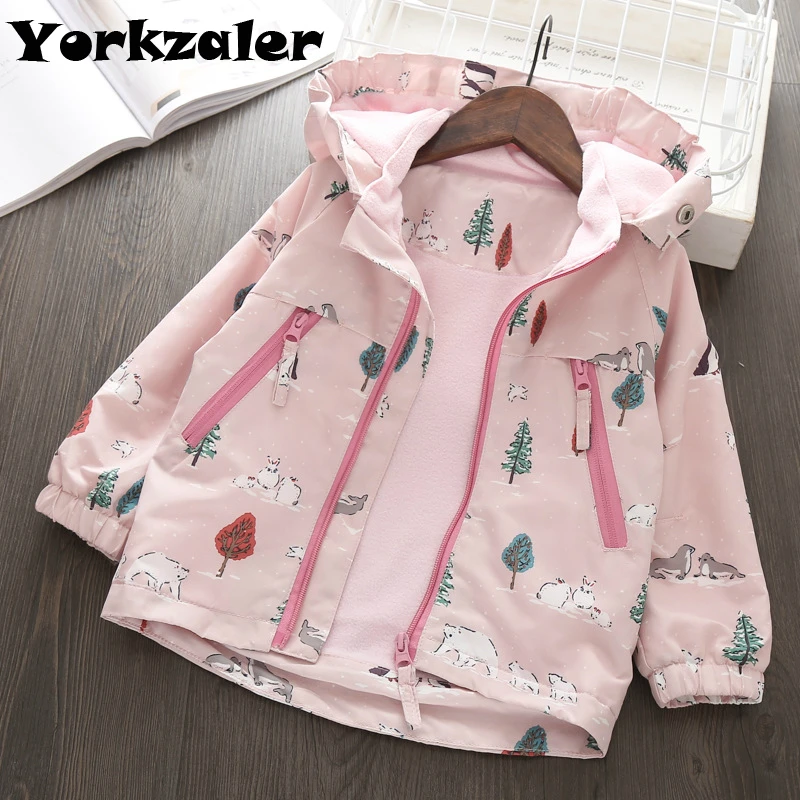 

2019 Spring Baby Girls Windbreaker Long Sleeve Hooded Jackets Animal Printed Pink Coat for Kids Girl Clothes Jackets with Fleece