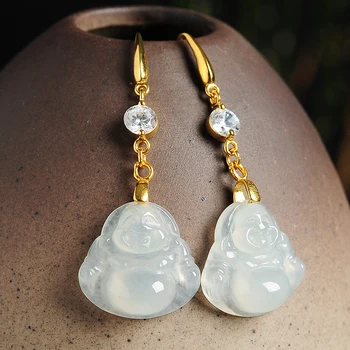 

New Arrival 925 Sterling Silver Green Jadeite Smiling Buddha Women's Dangle Earrings Gift