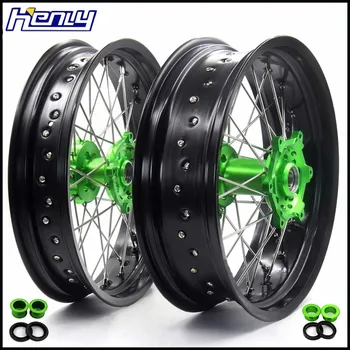 

3.5/5.0 Spoked Supermoto Wheels Rims Set For KAWASAKI KX 250F 2006-2018 450F 2006-2018 GREEN