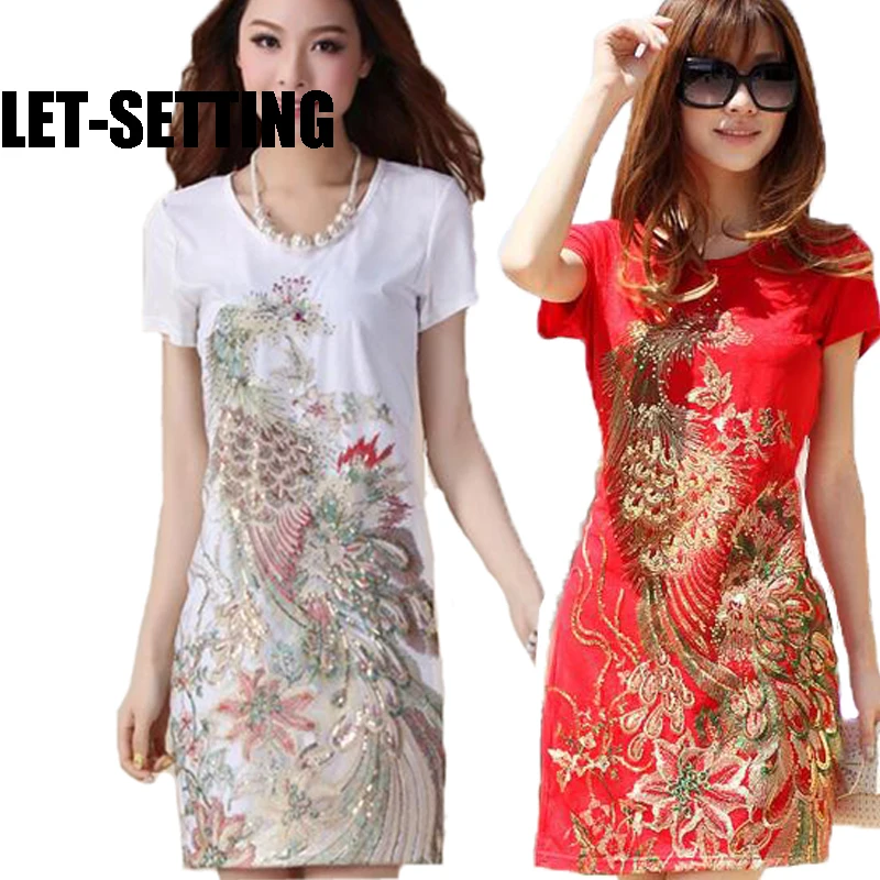 

4XL, 5XL new Phoenix summer dress women vintage embroidery Slim party dress elegant plus size white dress black red