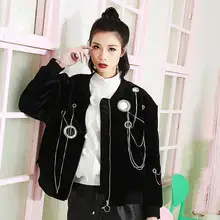 Женская модная уличная панк-куртка, черные, синие, полые куртки-бомберы с металлической цепочкой, бархатные куртки Harajuku Kpop, весенне-осенняя верхняя одежда