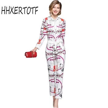 

2018 Fashion Designer Runway Suit Set Women's Long Sleeve shirt and Vintage bowknot Print Pants amazing pattern 2 piece set