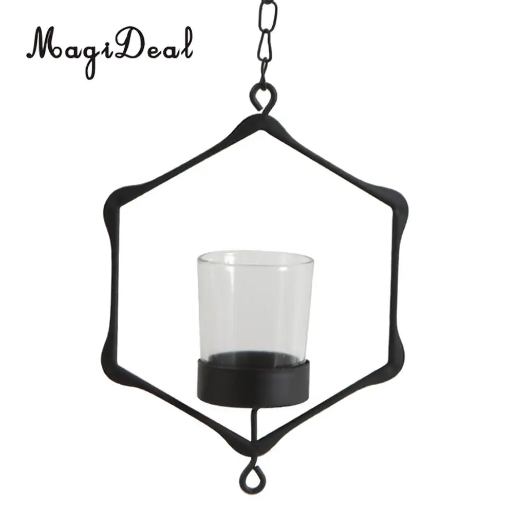 MagiDeal Wire Hanging Chain Hollow Vintage Geometric Tealight Candle Holder Mood Light Candleholder Candlestick Lantern Case