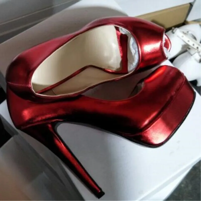SHOFOO/обувь красивая модная одежда, красные, из искусственной кожи, туфли на высоком каблуке 14,5 см, туфли-лодочки с открытым носком. Размер: 34-45 - Цвет: Красный