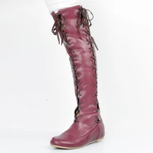Женские сапоги до колена винно-красного и желтого цвета с круглым носком, на шнуровке, на Плоском Каблуке; весенняя обувь; женская обувь; bottes femme Chaussure Femme Talon