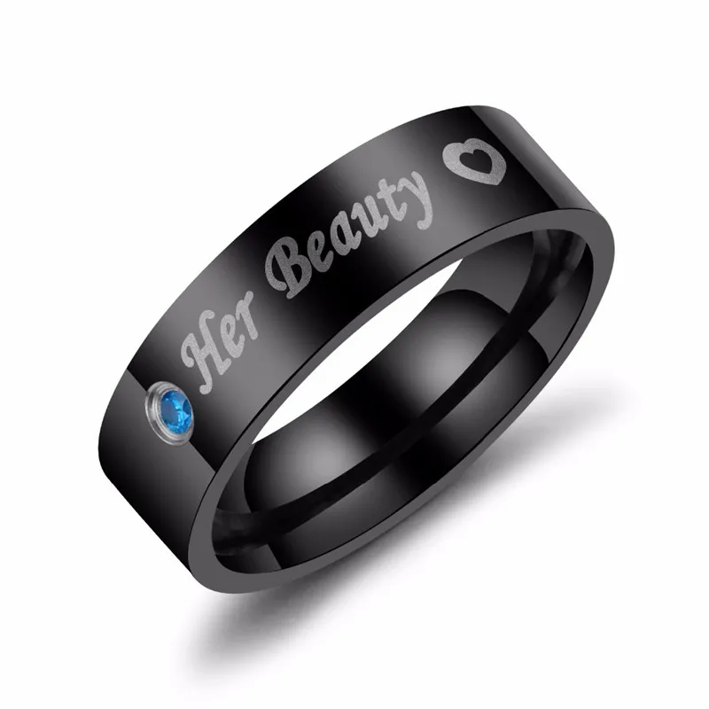 Modyle Her beauty and His wisdom Black CZ Wedding Rings Lover's Cubic Zirconia Stainless Steel Romantic Ring Jewelry
