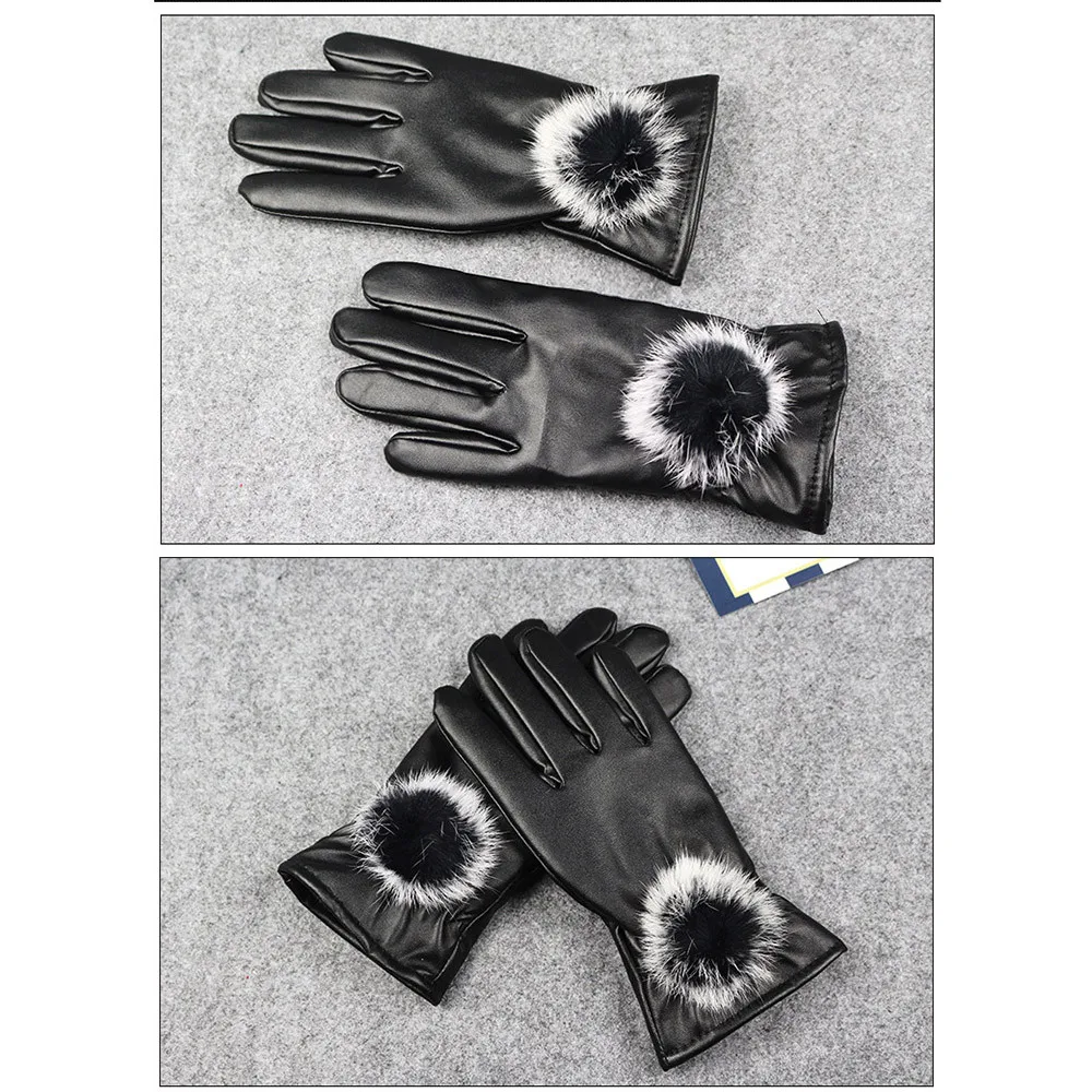 KLV перчатки женские черные кожаные перчатки осень зима теплые варежки из кроличьего меха черные перчатки z0920