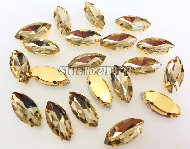 Factory sales Light coffee Horse eye shape Glass Crystal Gold bottom sew on claw rhinestones with holes Sewing On Garment 