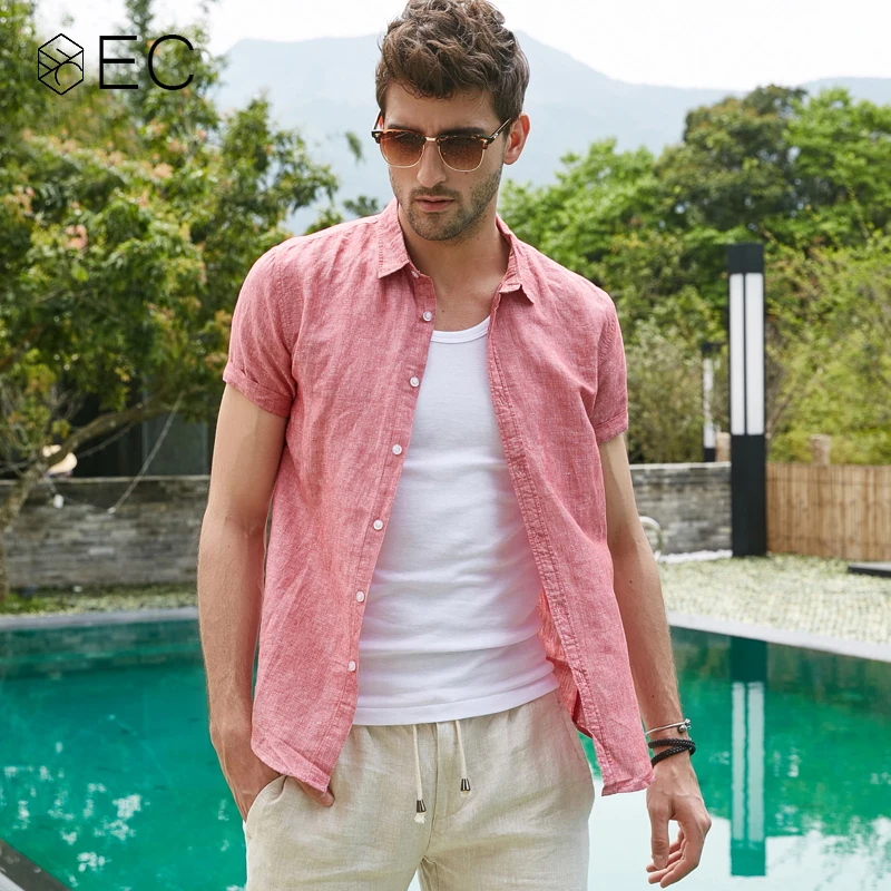 

EC2018 Summer New Short sleeve Casual Shirts Men Breathable Cotton Linen Fashion Slim Fit Brand Clothing T051