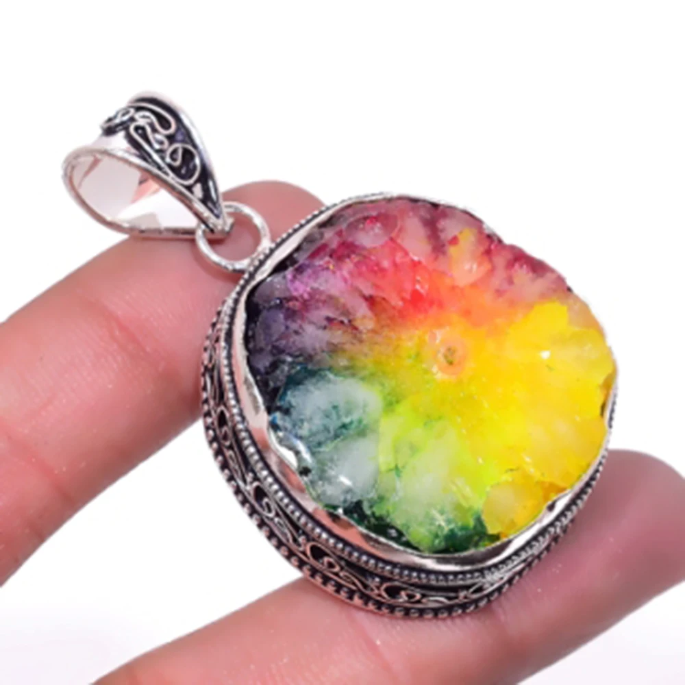 

Rainbow Solar Quarts Pendant Silver Overlay over Copper, USA Size 50mm , P6470