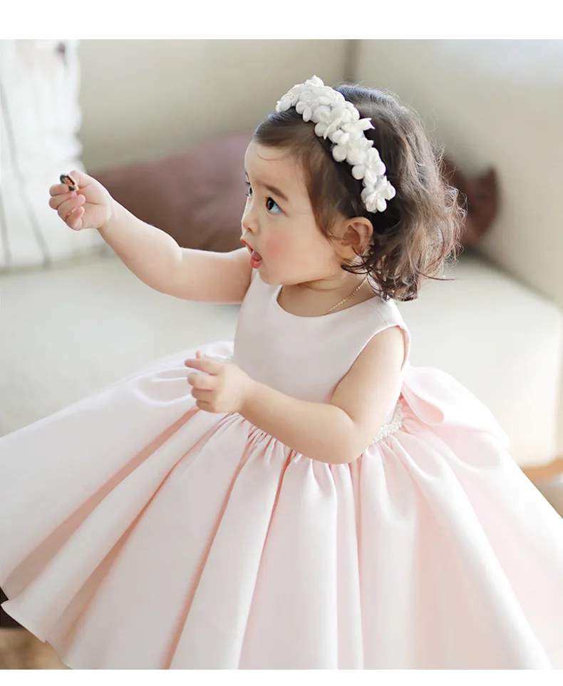 Розовый тюль Платье для маленьких девочек 1st наряд для дня рождения бисером Крещение новорожденных одежда на крестины свадебное платье детские вечерние платье