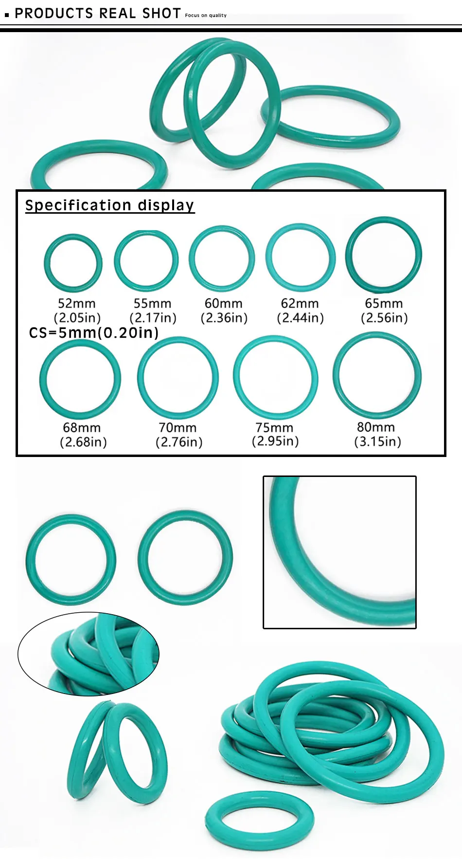 Description Picture 2 of itemRubber Rings Green FKM O ring Seal 5mm Thickness OD52/55/58/60/62/65/68/70/75/80mm Rubber O-Rings Seal Gasket Oil Fuel Washer