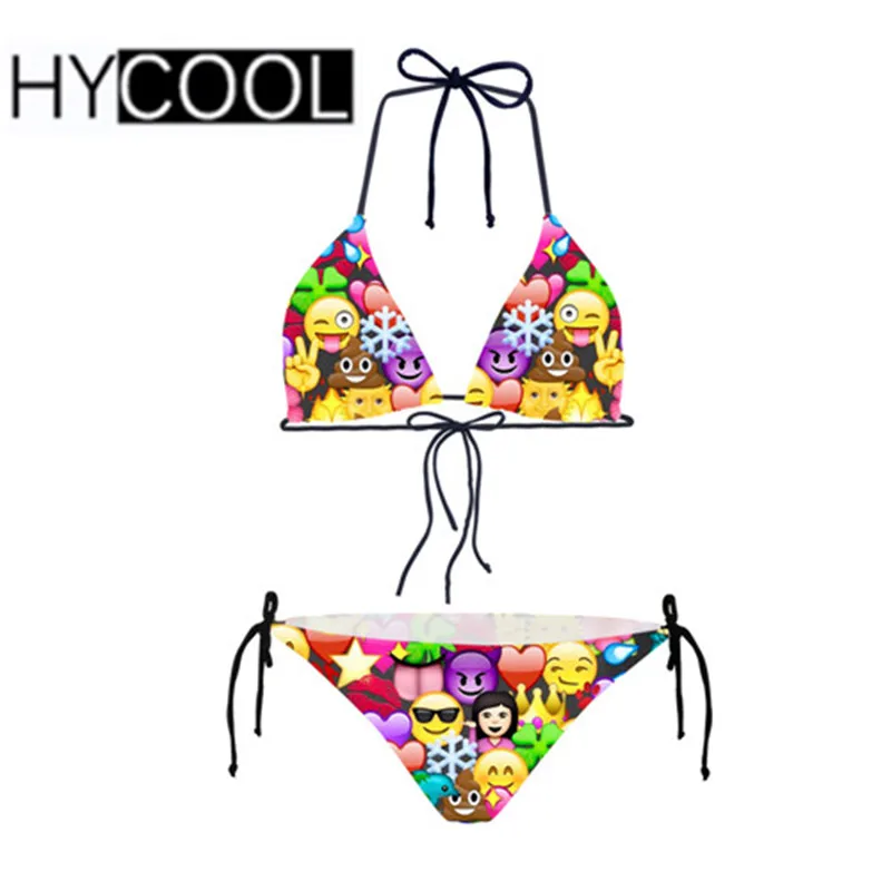 HYCOOL Sexy Women Bikini Suit Funny Emoji Smile Face Printing Swimsuit