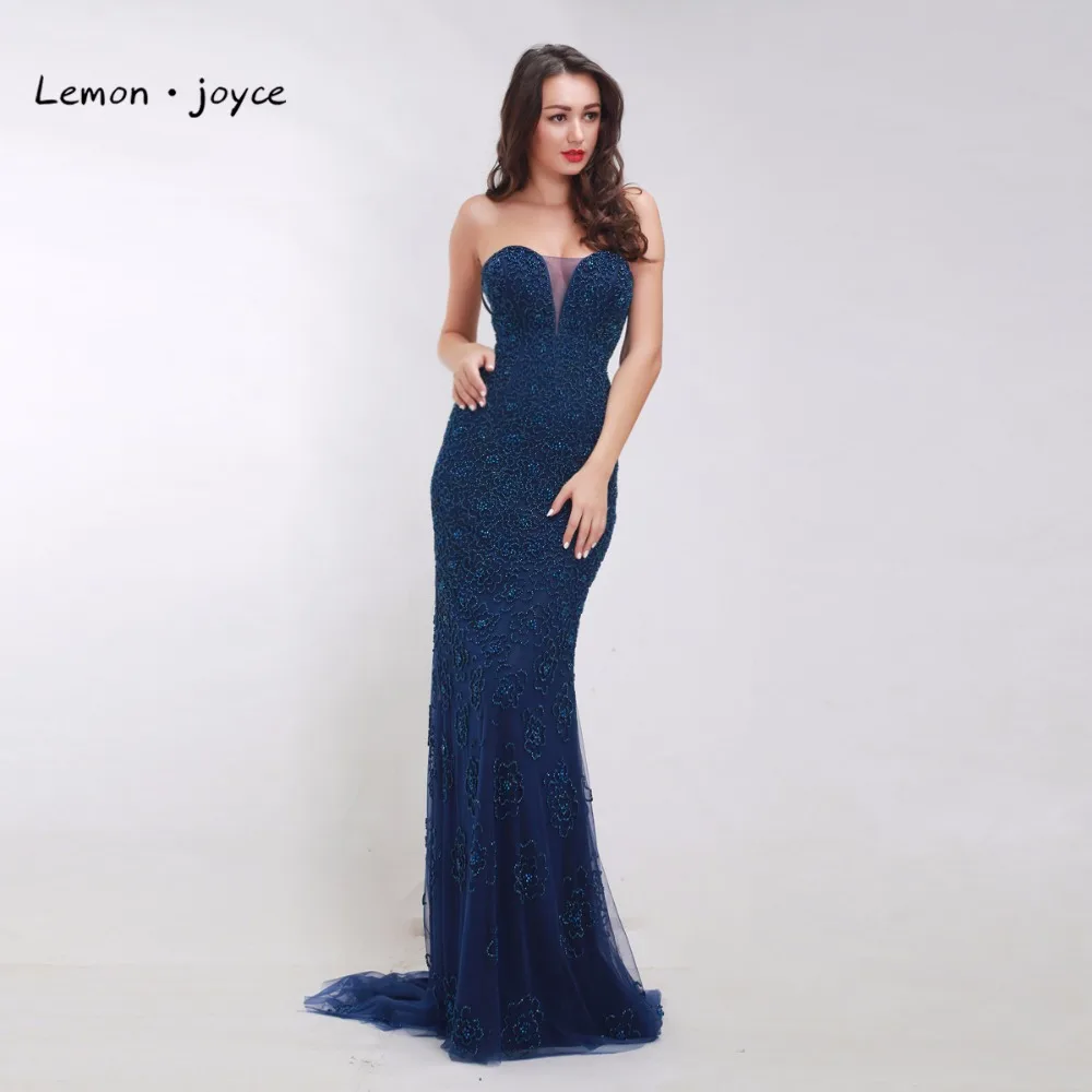 

Luxury Dark Blue Evening Dresses 2019 Sexy Strapless Beading Mermaid Long Party Formal Prom Gowns for Women Plus Size