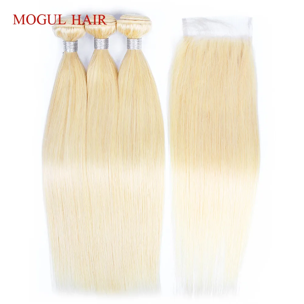 MOGUL волосы 613 Связки с закрытием Bleach Platinum Blonde 2/3 Связки 10-28 дюймов индийские прямые Реми натуральные волосы Weave Связки