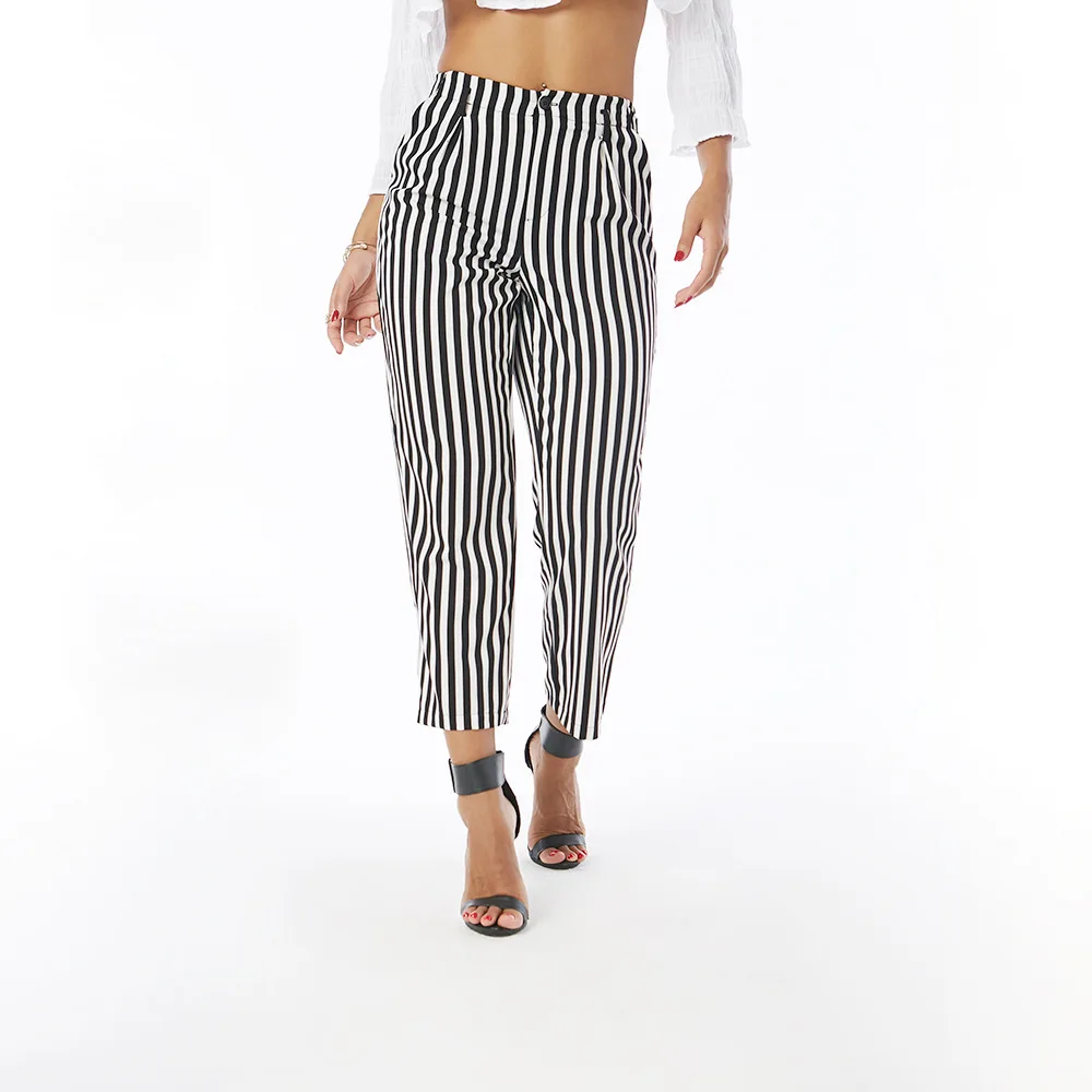 High Waist Button Up Women Strip Printed Capris Pants Ankle Length