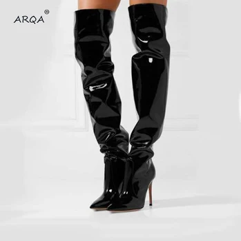 

Spring Autumn Zip Black Casual Party Shoes Women Boots Mirror Platform Pointy Toe Punk High Thin Heels Over The Knee Long Boots