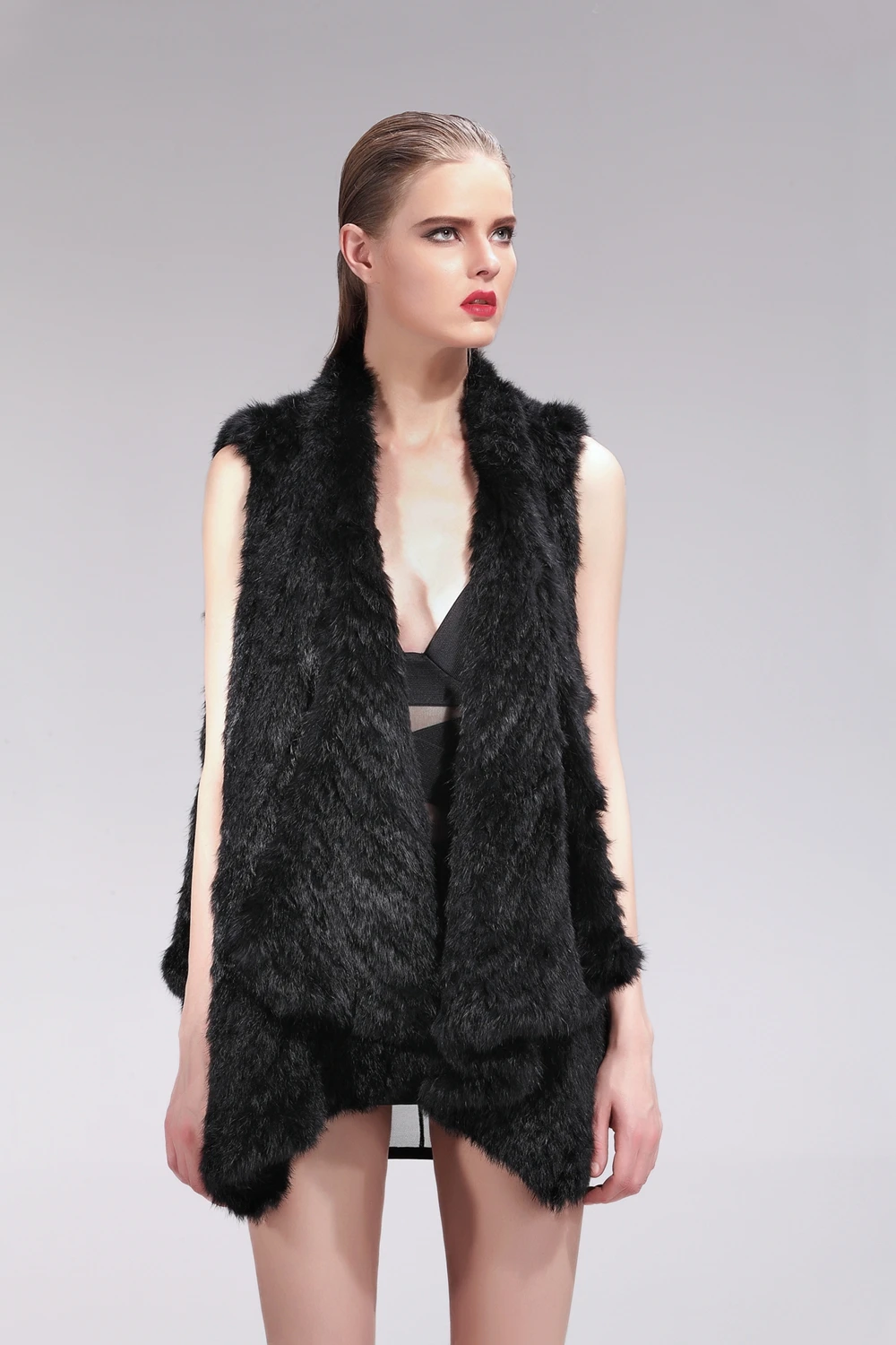 ZY88010 Classic Lady Genuine Knitted Winter Women Rabbit Fur Turn-Down Fur Vest Fur Waistcoat Gilet Outwear long duvet coat