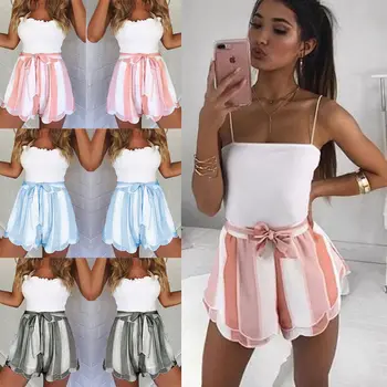 

Women Ladies Fashion Summer High Waist Shorts Beach Hot Short Pants Loose Stripes High Waist Bandage Shorts