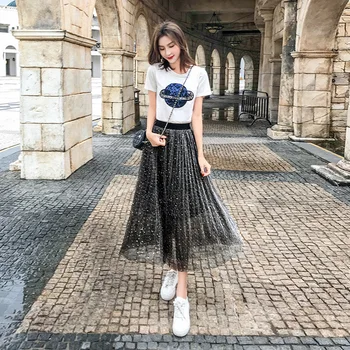 

2019 summer new two-piece dress female Korean short-sleeved T-shirt gauze skirt