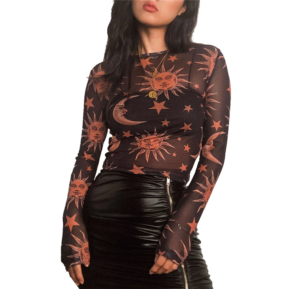 

Sun Moon Printed Transparent Mesh Sexy T-Shirt Women O-neck With Long Sleeve Slim Basic Casual Female Tops 2019 Spring New
