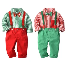 Gentleman Kid Boys Formal Suits Summer Sets Bow Tie Long Sleeve T-shirt Suspender Trouser 2Pcs Christmas Outfits 1-5Years