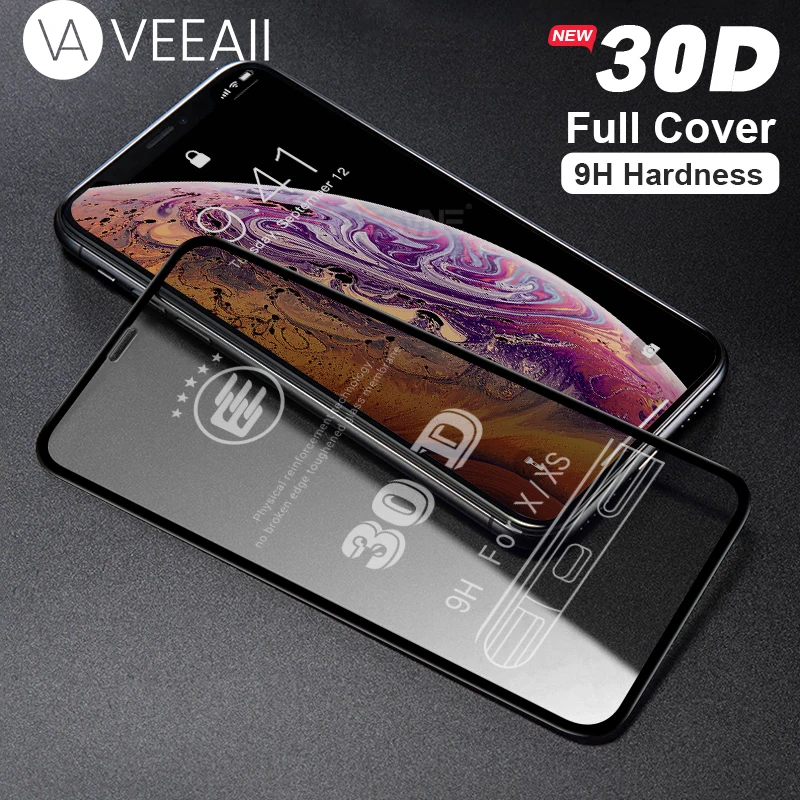 

VEEAII Tempered Glass Screen Protector 30D Full Cover for iphone 6s 6 7 8 Plus on for iPhone X XS MAX XR Film Curved Edge Glass