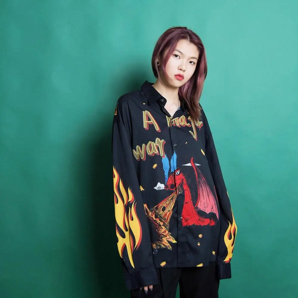 

Jasummer street cool tide handsome print shirt wide Korean version BF Harajuku chiffon long-sleeved shirts