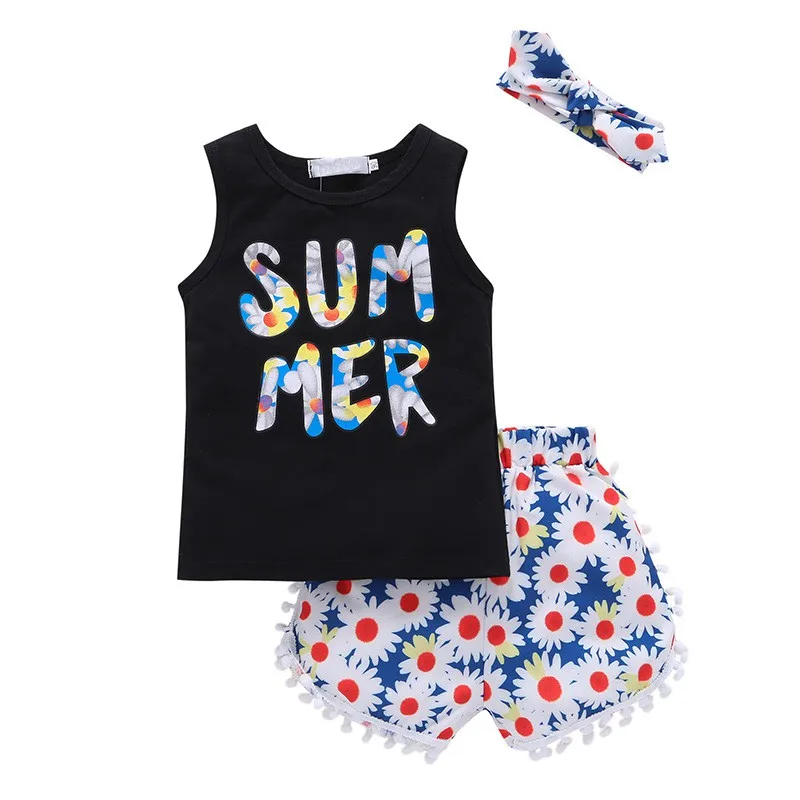 2018 Summer Newborn Baby Girl Clothes Summer Baby Clothes Set Letter Sleeveless Tops+Flower Briefs Set For Girl Clothing