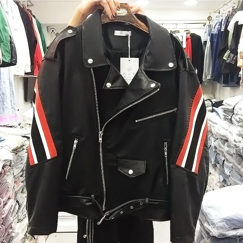 

2019 New Spring Autumn Women's Stitched Long Sleeve PU Leather Coat Short Locomotive Jacket Female Pu Coats