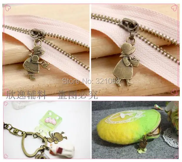 40 pieces/lot Bronze color zipper head zipper pendant 3cm mixed styles pendant metal zinc alloy