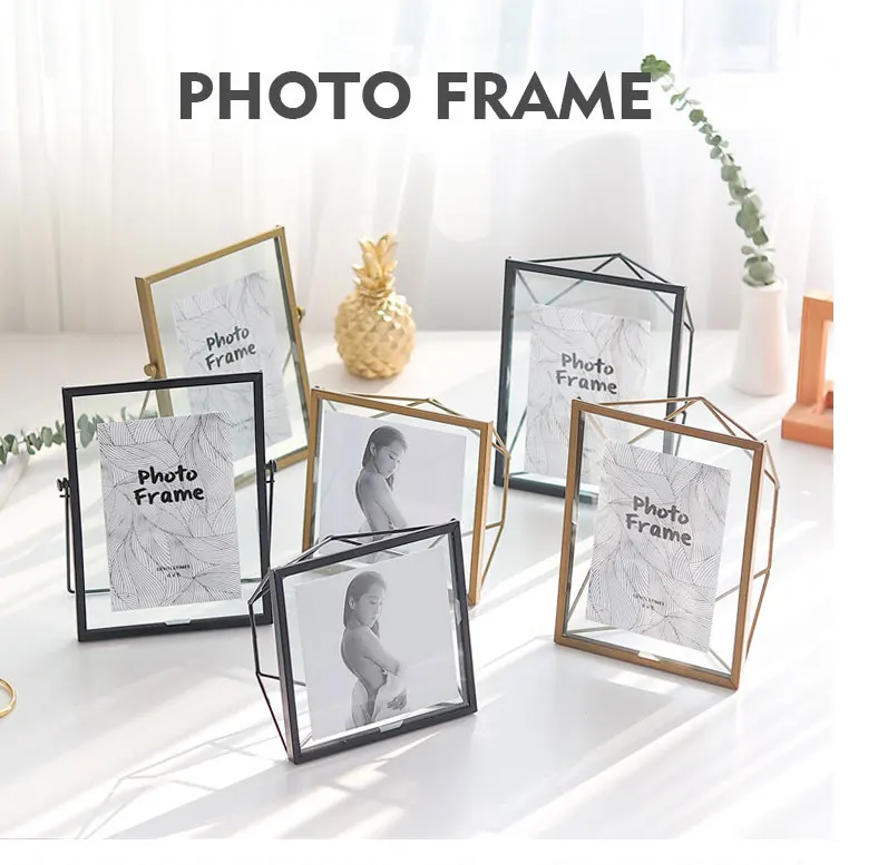 7 Inch Gold Photo Frame Nordic Minimalist Geometric Glass Picture Frame Wall Hanging Frame Creative Iron Bedroom Home Decoration