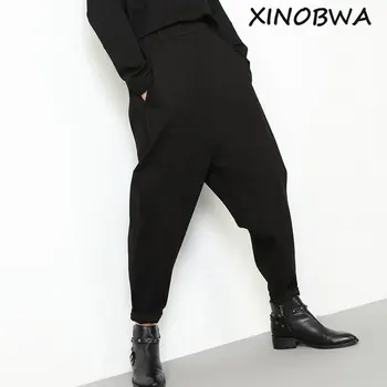 

Europe 2020 Autumn Women High Street Fashion Elastic Waist Pencil Cross Pants Female Personality Black Harem Plus Size Trousers