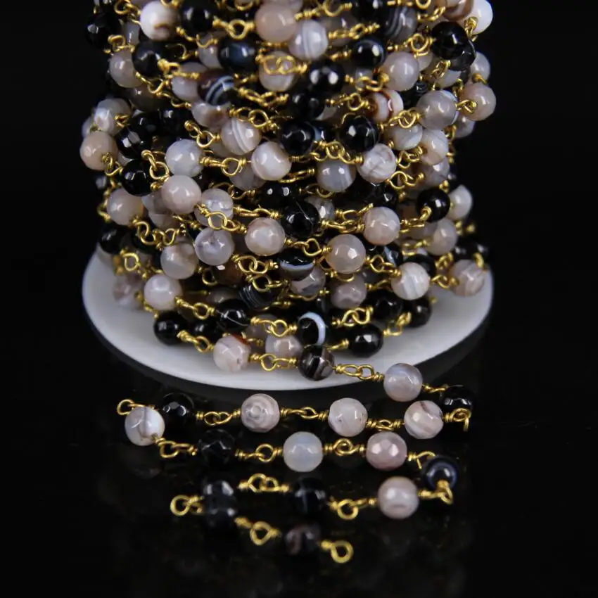 6mm Natural Agates Gems Copper Link Chain,Raw White Black Onyx Faceted