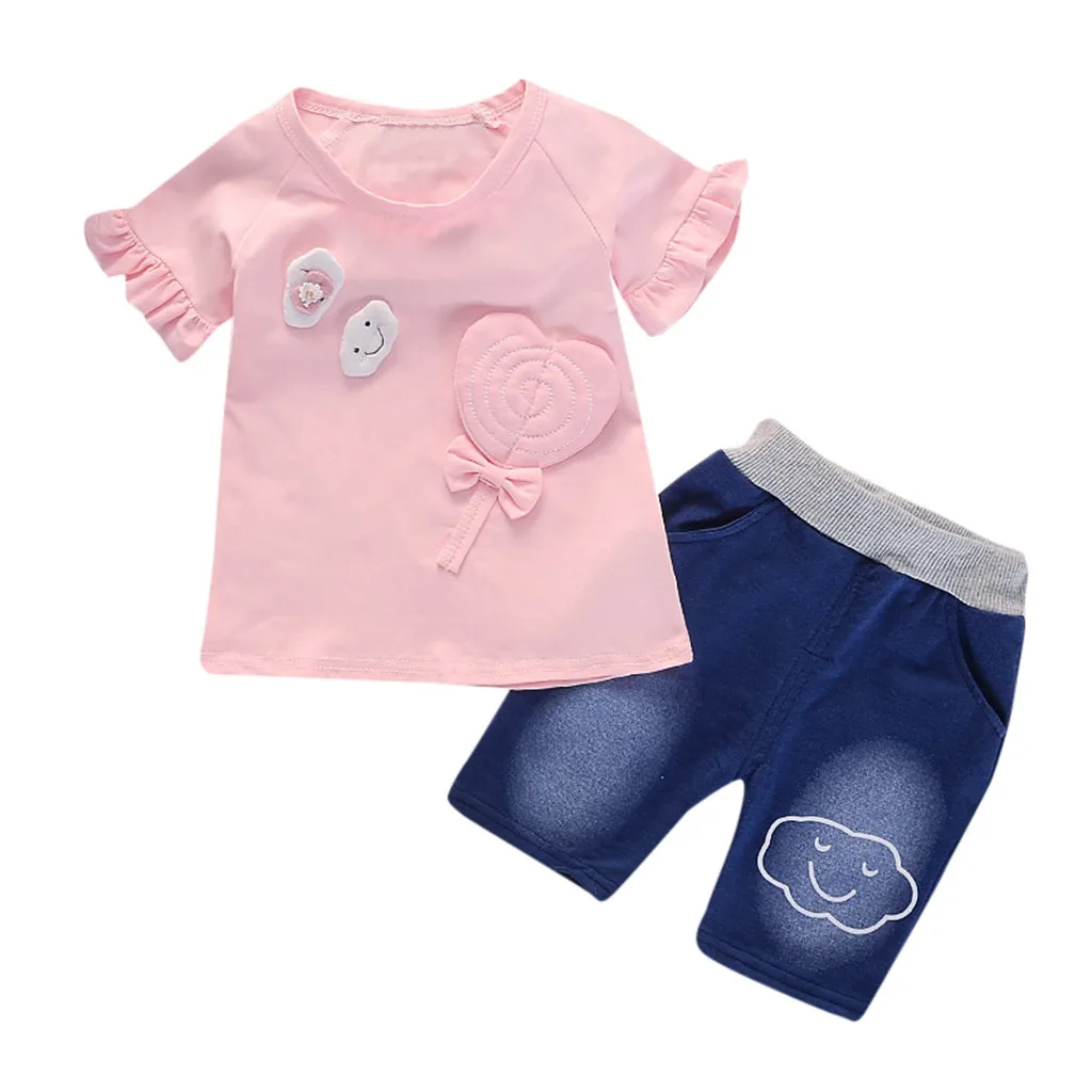 

2019 New Fashion Toddler Baby Girls Short Sleeve Cartoon Print T-Shirts+Denim Shorts Set Outfits Camiseta manga corta