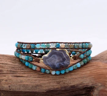 

Beaded Wrap Bracelet Unique Onyx with Gilded Boswana Onyx 3 Strands Wrap Bracelets Handmade Boho Weaving Bracelet