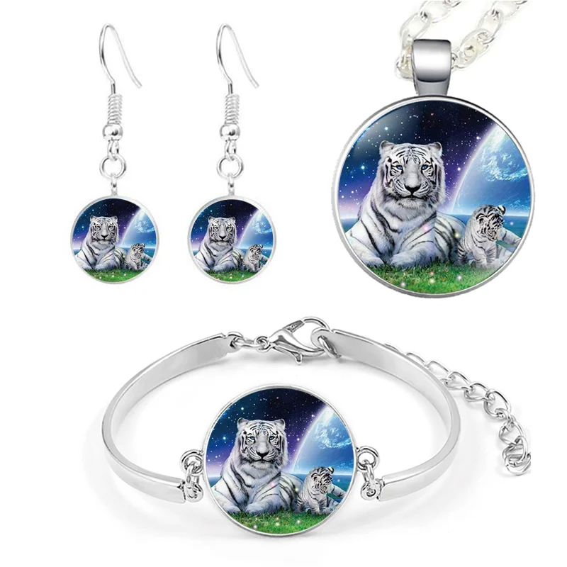 

4 Pcs White Tiger Jewelry Set Animal Necklace Pendant Bracelet Earrings Birthday Festival Anniversary Jewelry Gift