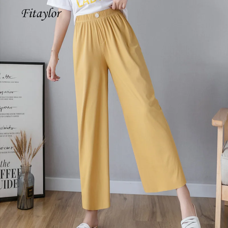 

Fitaylor Summer Wide Leg Pants Women Casual High Waist Button Decorate Candy Colors Ankle-length Pants Black Ladies Trousers