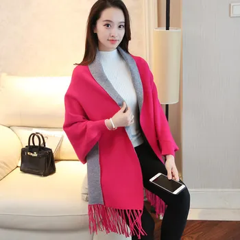 

Autumn Winter New Women Elegant Socialite Cashmere Tassel Cardigan Sweaters Batwing Sleeves Scarf Cape Outwear Good Quality