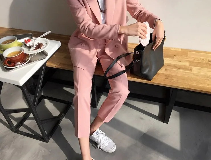 Women's high quality suit set 2019 autumn new double-breasted suit jacket loose casual straight pants two-piece suit female