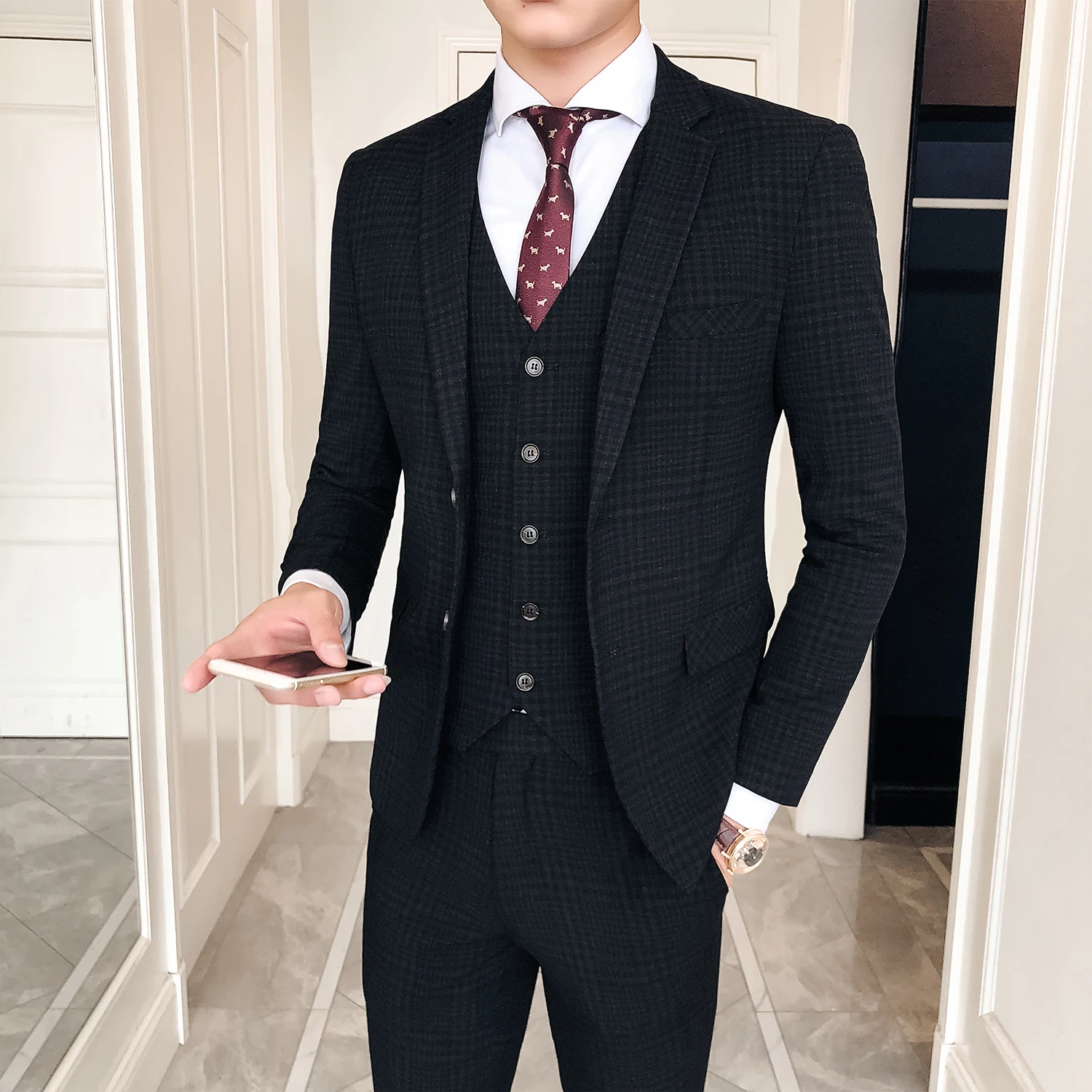 2019 Newest Gentleman Two Buckle Classic Dark Character Elastic Fabric Slimming Suit Set