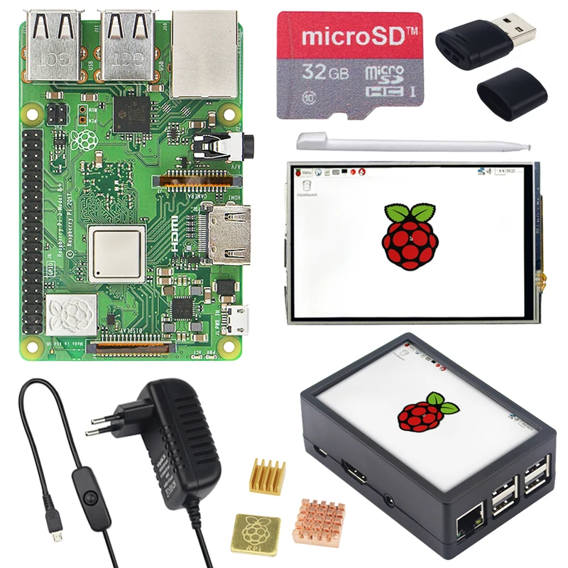 Raspberry Pi 3 Modelo B, modelo B + pantalla táctil de 3,5 pulgadas LCD + ABS + tarjeta SD de 32 GB + 3A adaptador de corriente + disipadores térmicos + HDMI para RPI 3B Plus - 3