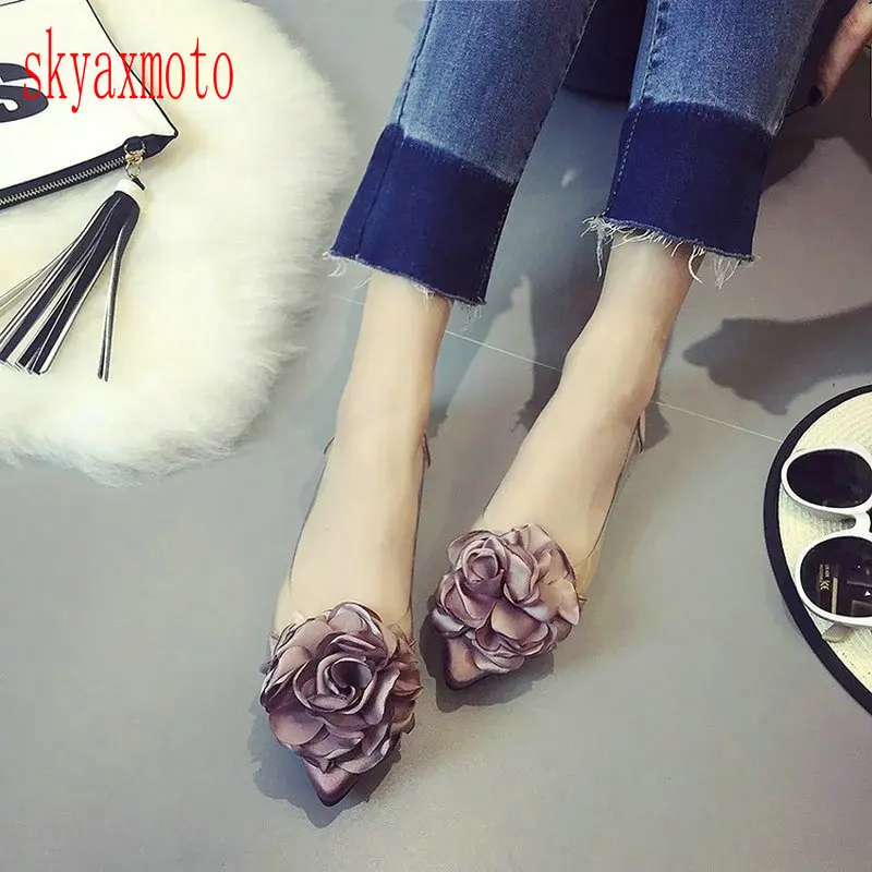 

Skyaxmoto running shoe Nude color flat flower single female toe pointed shallow mouth transparent patchwork sweet women'shoes
