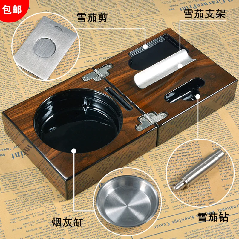  New 1 set Cuban cigar ashtray solid wooden Box stainless steel ashtray + Cigar Punch+Cutter+Holder 