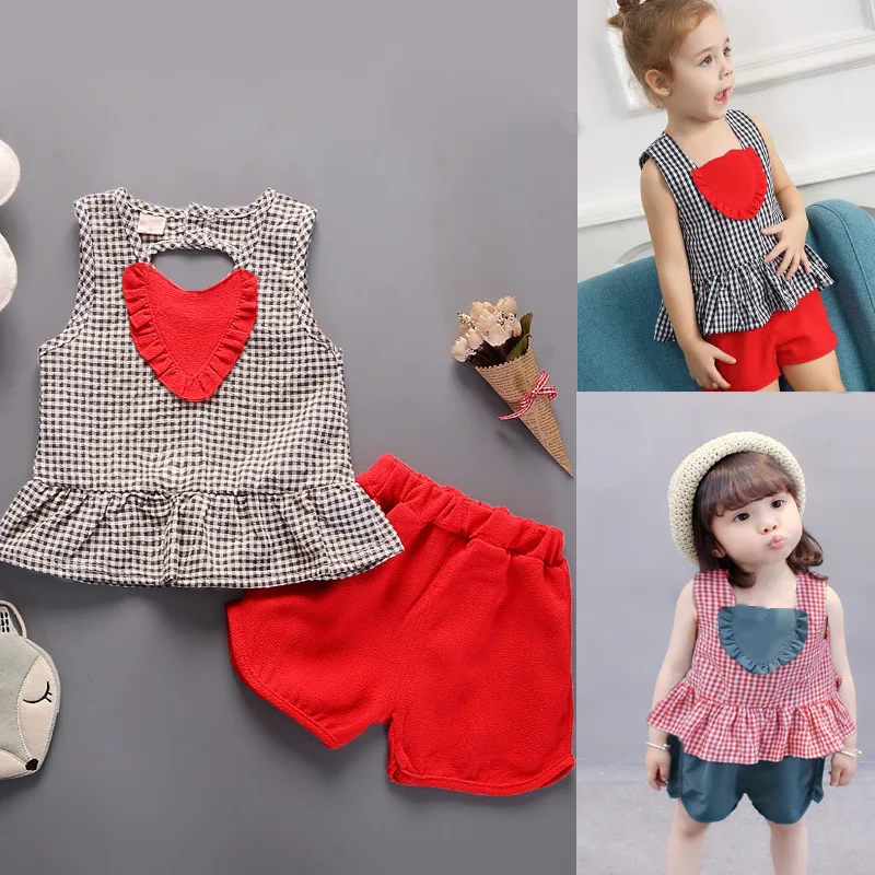 Baby Girls Clothes Sets 2018 Love Pattern Shorts+T-shirt 2 PCS Kids Plaid Clothing Princess Chidren Infant | Мать и ребенок