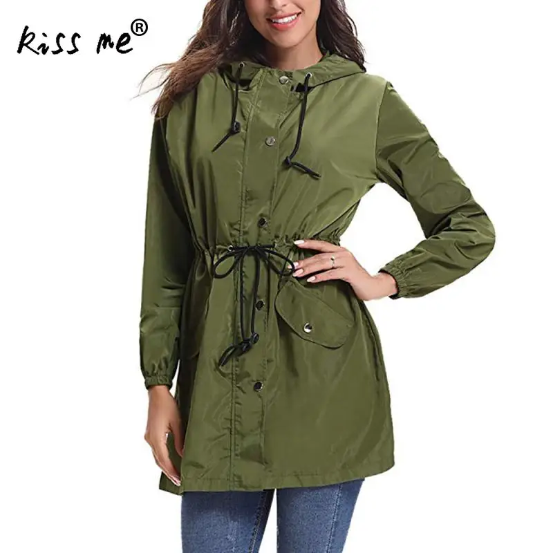 

Solid Mid Long Trench Coat Women Waist Controlled Hooded Jacket Punk Style Spring Camping Coat Outdoor Sport Hiking Jacket