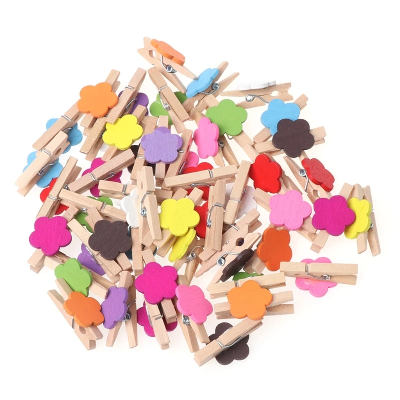 

50Pcs Colored Flower Mini Wooden Craft Clips Card Photo Paper Peg Pin Clothespin