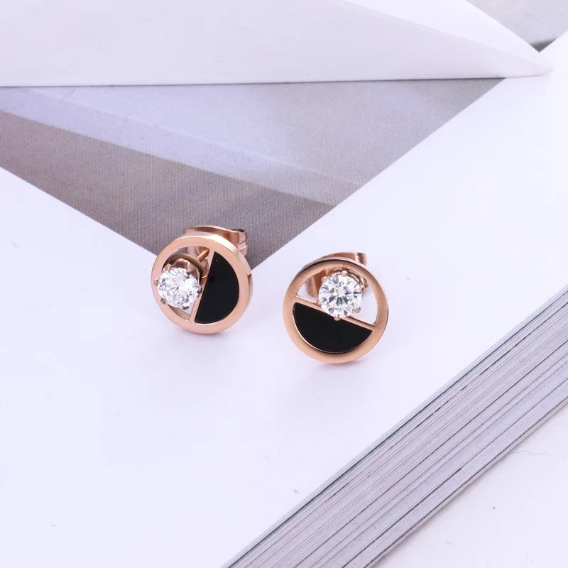 

HFYK 2019 rose gold stainless steel cubic zirconia stud earrings for women black small earrings oorbellen brincos pendientes