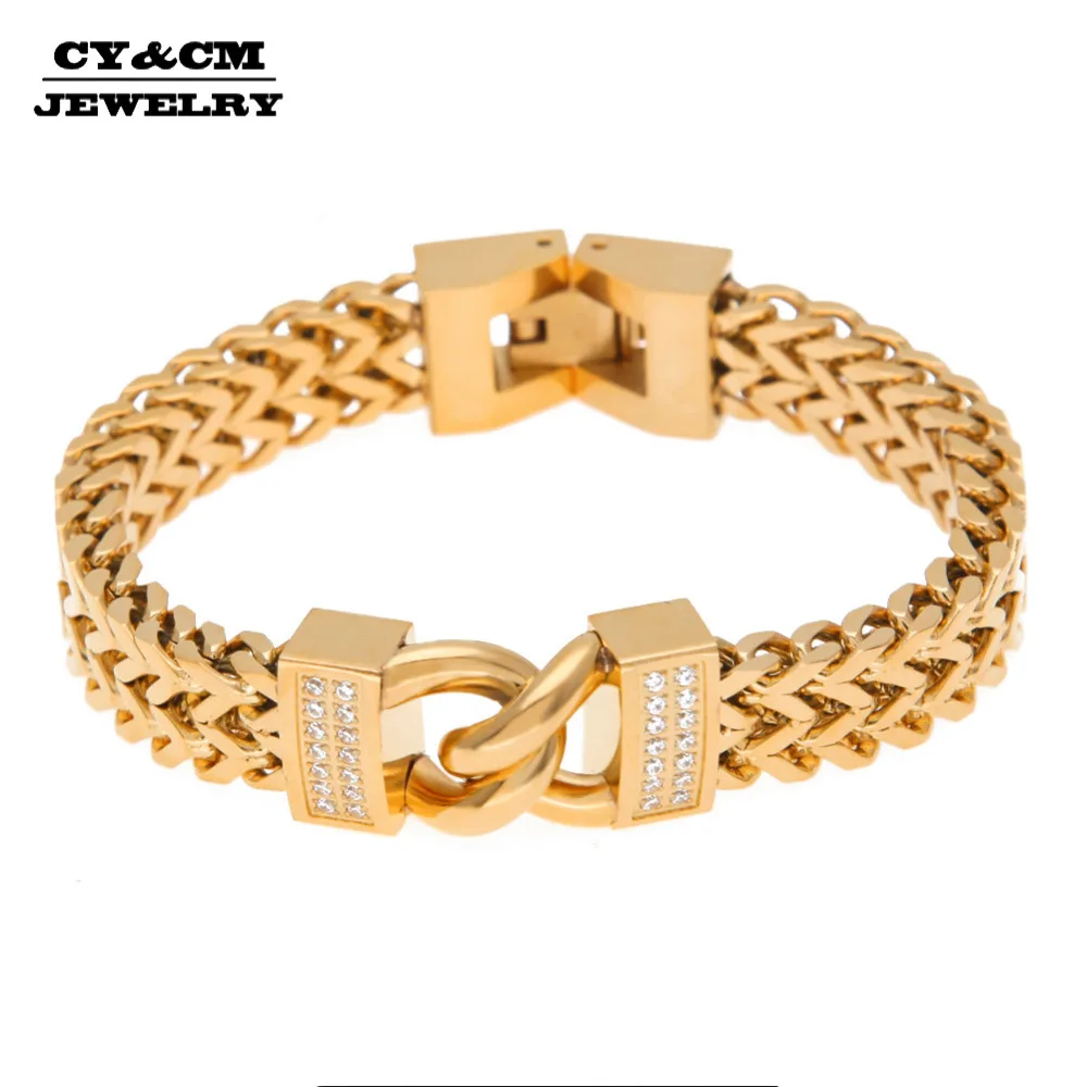 

CY&CM 12mm Stainless Steel Franco Link Bracelet Bangles Micro Paved 2 Row Cubic Zircon Gold Silver Men HipHop Jewelry Box Clasp